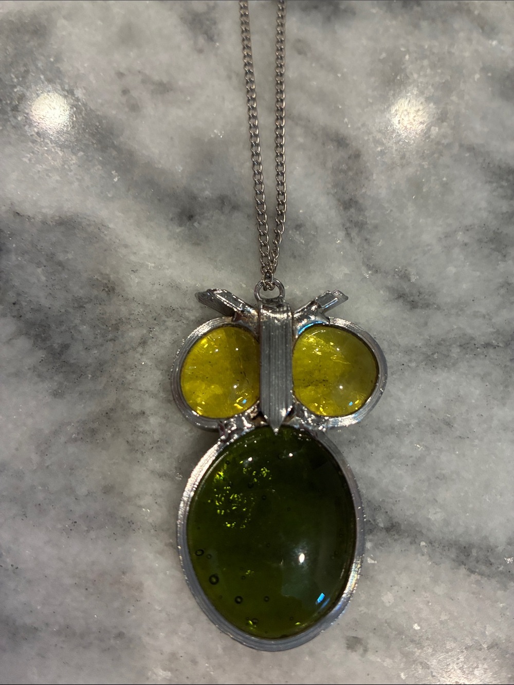 Vintage boho Green and Yellow Glass Owl Pendant Necklace